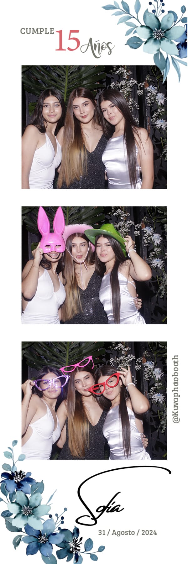 Tira de fotos impresa por Kuva en una fiesta de quince años, con tres tomas y el nombre de la quinceañera